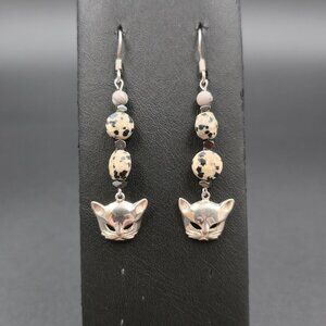 Sterling Silver Dalmatian Jasper Kitty Cat Dangle Earrings A6816